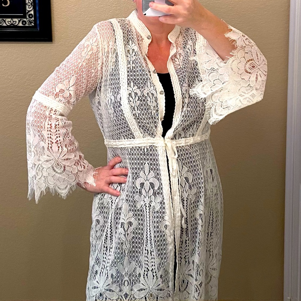 Colleen Lopez lace coverup over shirt rhinestone